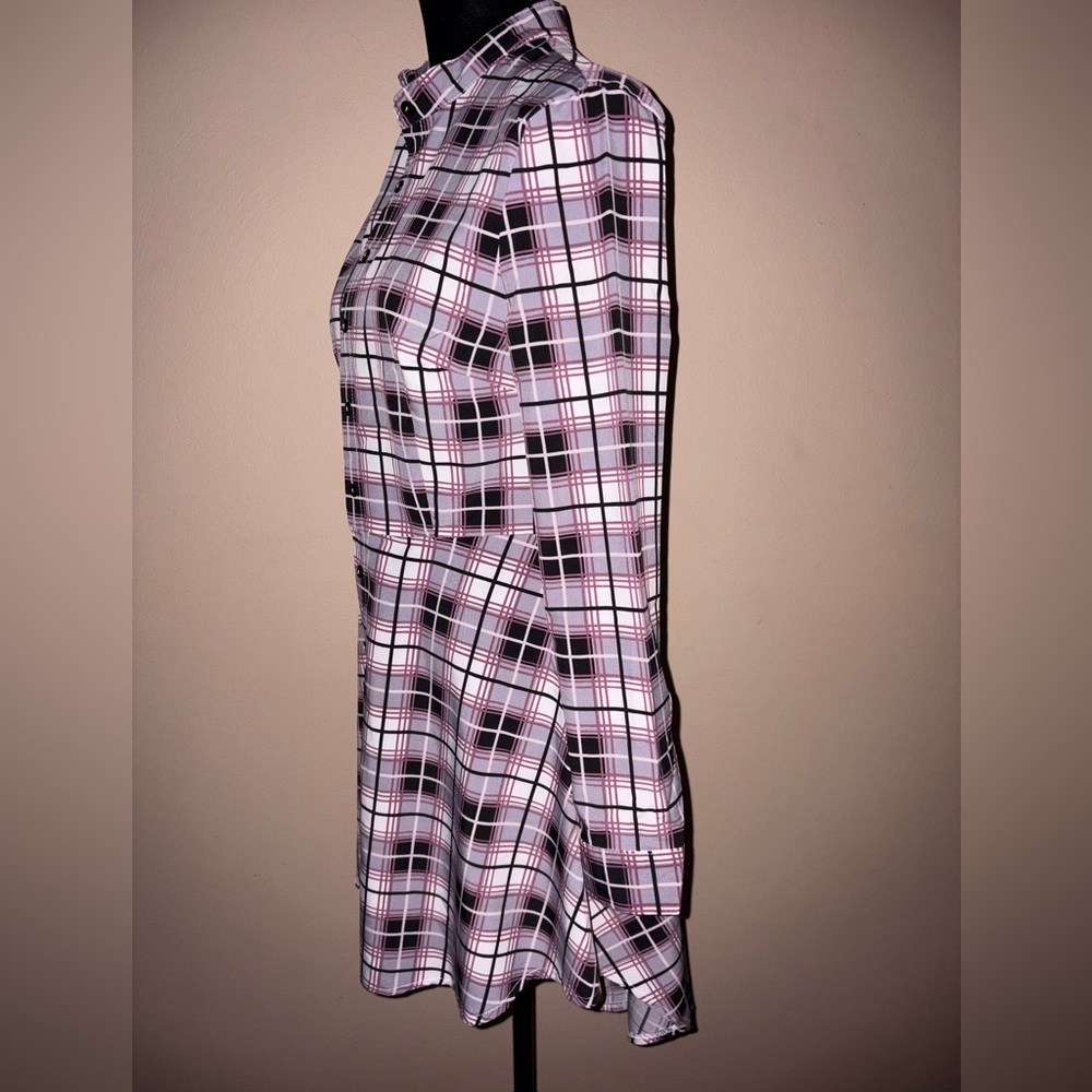 Purple Plaid High Low Button down Long Sleeve Shirt Dress - Picture 2 of 6